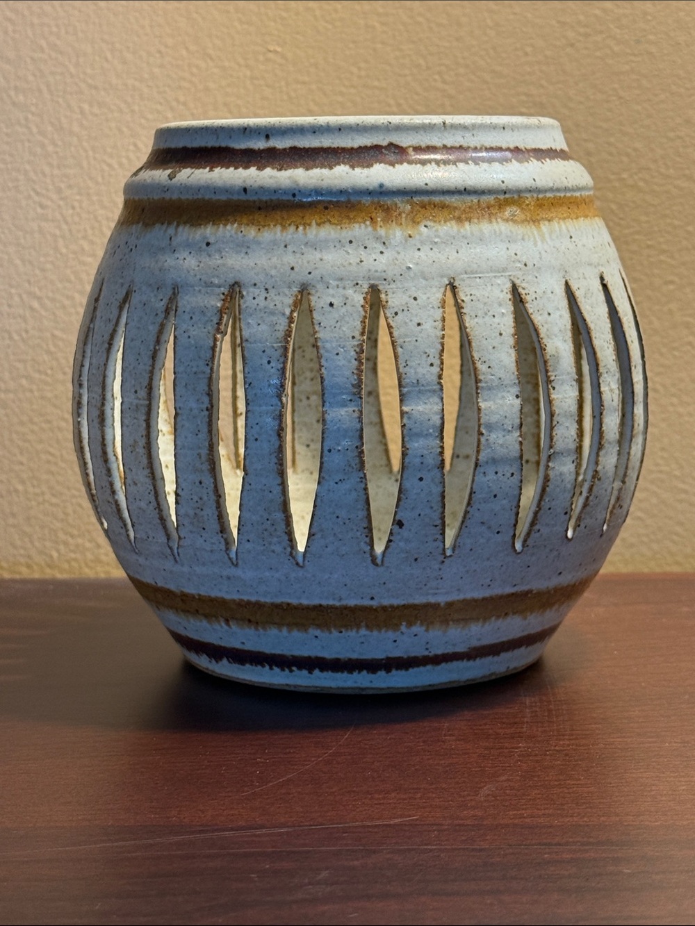 Wishon-Harrell Art Pottery Luminary / Lantern, Cream with Camel & Brown, MCM